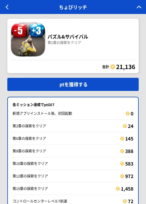 パズル＆サバイバルの掲載記録画像（ちょびリッチ（GF Rewards）・2026年8月13日）