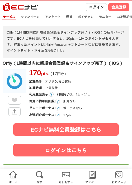 Offly(1時間以内に新規会員登録&サインアップ完了)(iOS)の掲載記録画像(ECナビ・2026年8月13日)
