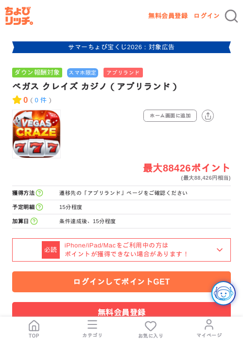 ベガス クレイズ カジノ（アプリランド）の掲載記録画像（ちょびリッチ・2026年8月14日）