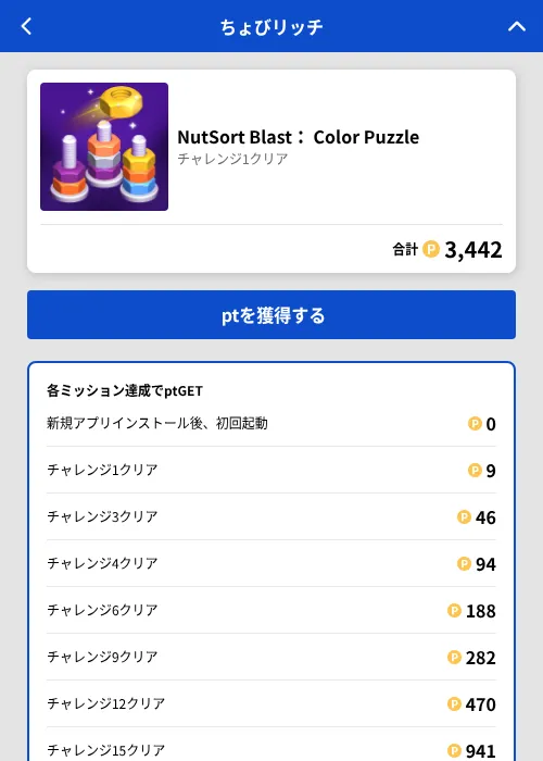 NutSort Blast: Color Puzzleの掲載記録画像(ちょびリッチ(GF Rewards)・2026年8月13日)