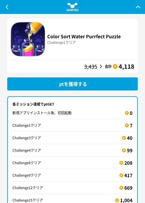 Color Sort Water Purrfect Puzzleの掲載記録画像(ワラウ(GF Rewards)・2026年8月13日)