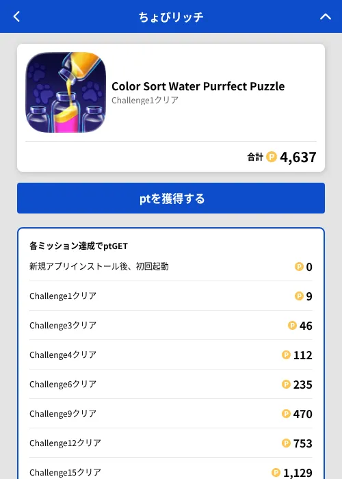 Color Sort Water Purrfect Puzzleの掲載記録画像(ちょびリッチ(GF Rewards)・2026年8月14日)