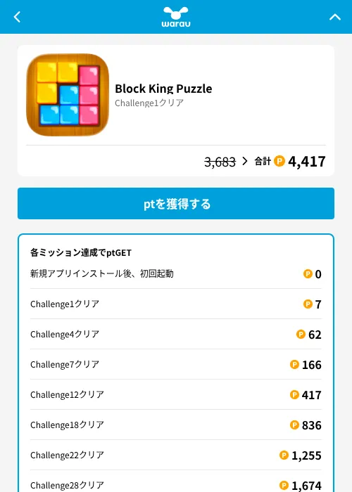 Block King Puzzleの掲載記録画像（ワラウ（GF Rewards）・2026年8月14日）