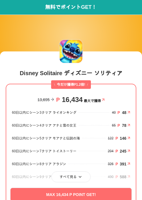 Disney Solitaire ディズニー ソリティアの掲載記録画像（モッピー（SKYFLAG）・2026年8月14日）