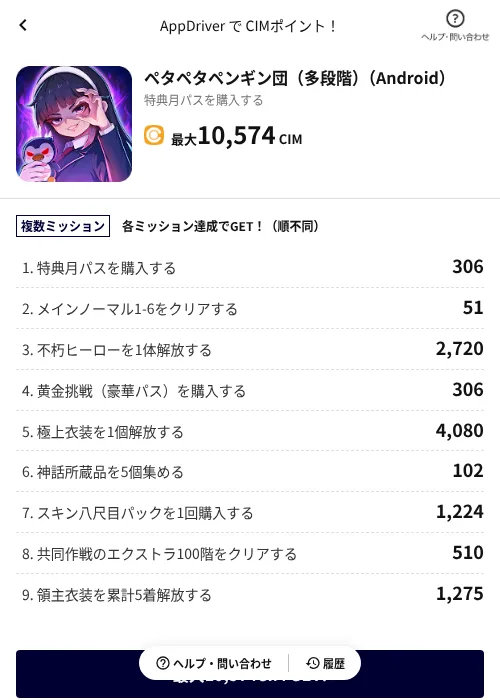 ペタペタペンギン団(多段階)(Android)の掲載記録画像(COINCOME(AppDriver)・2026年8月14日)