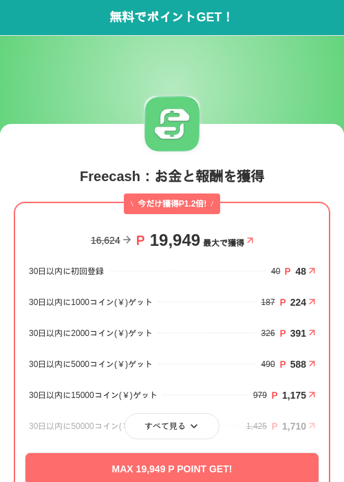 Freecash:お金と報酬を獲得の掲載記録画像(モッピー(SKYFLAG)・2026年8月14日)