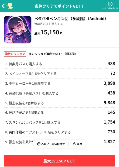 ペタペタペンギン団(多段階)(Android)の掲載記録画像(モッピー(AppDriver)・2026年8月14日)