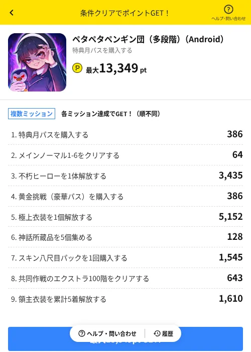 ペタペタペンギン団(多段階)(Android)の掲載記録画像(ハピタス(AppDriver)・2026年8月14日)