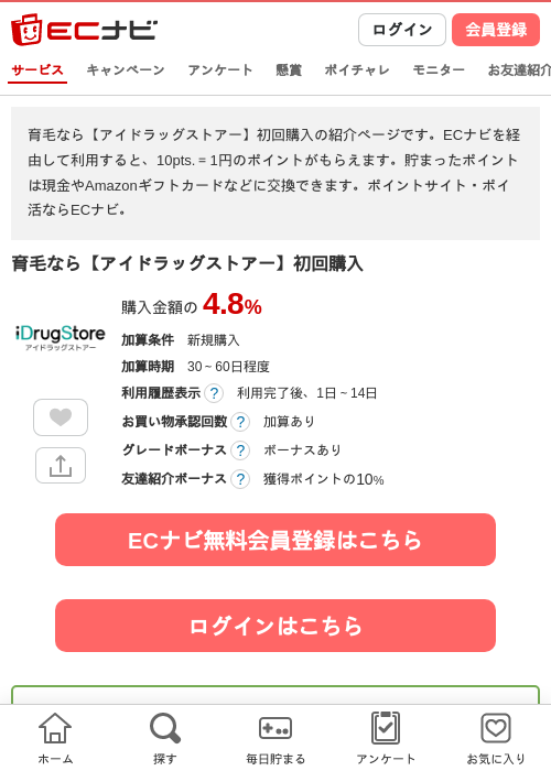 育毛なら【アイドラッグストアー】初回購入の掲載記録画像（ECナビ・2026年8月15日）