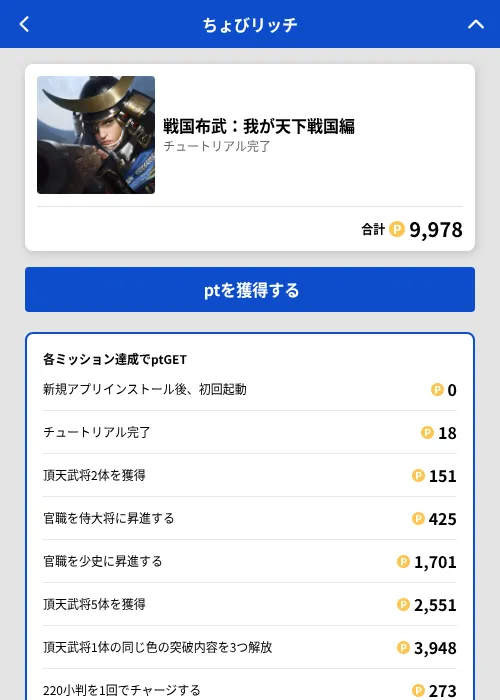 戦国布武：我が天下戦国編の掲載記録画像（ちょびリッチ（GF Rewards）・2026年8月17日）