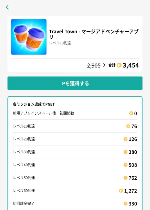 Travel Town - マージアドベンチャーアプリの掲載記録画像（モッピー（GF Rewards）・2026年8月18日）