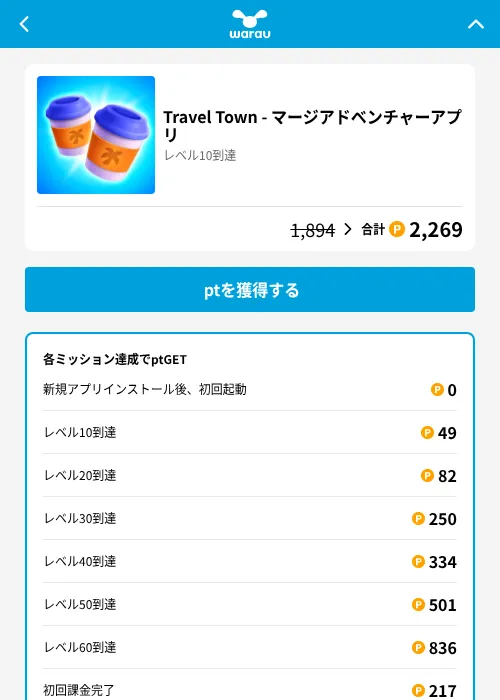 Travel Town - マージアドベンチャーアプリの掲載記録画像（ワラウ（GF Rewards）・2026年8月18日）
