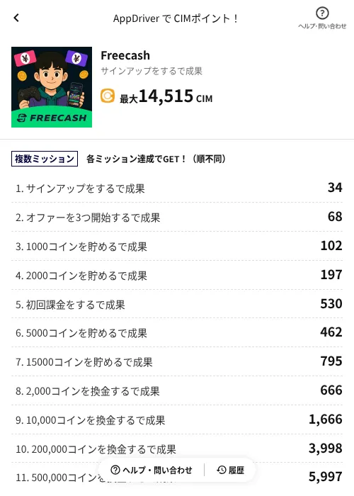 Freecashの掲載記録画像(COINCOME(AppDriver)・2026年8月18日)