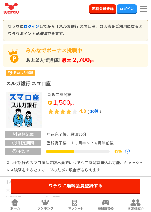 スルガ銀行 スマ口座の掲載記録画像(ワラウ・2026年8月21日)