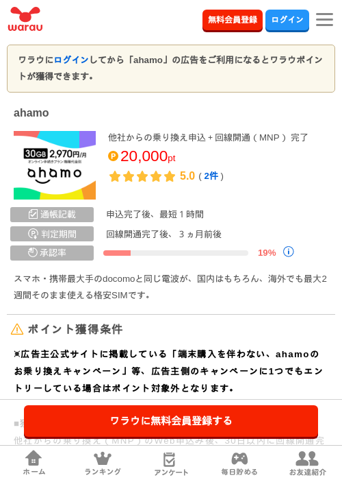 ahamoの掲載記録画像（ワラウ・2026年8月21日）