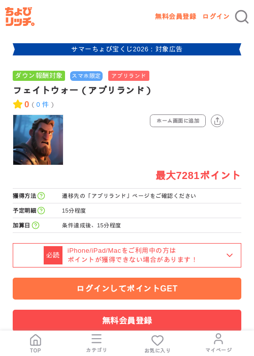 フェイトウォー(アプリランド)の掲載記録画像(ちょびリッチ・2026年8月21日)