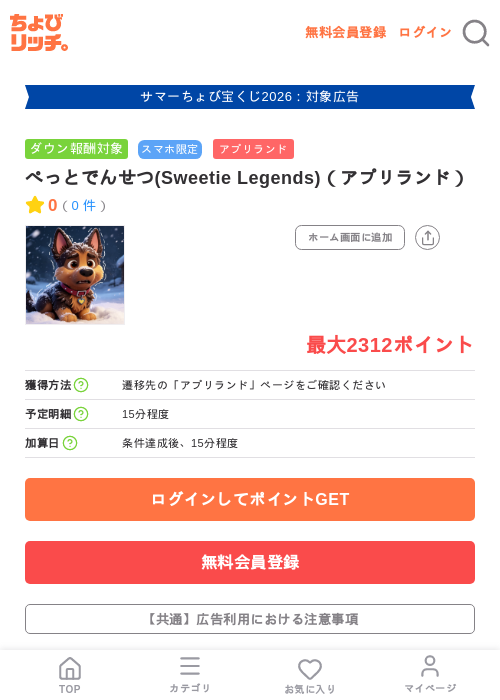 ぺっとでんせつ(Sweetie Legends)（アプリランド）の掲載記録画像（ちょびリッチ・2026年8月22日）