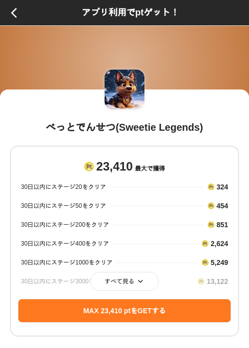 ぺっとでんせつ(Sweetie Legends)の掲載記録画像(ポイントインカム(SKYFLAG)・2026年8月21日)