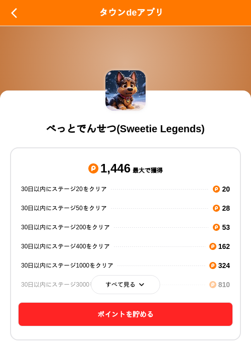 ぺっとでんせつ(Sweetie Legends)の掲載記録画像（ポイントタウン（SKYFLAG）・2026年8月21日）