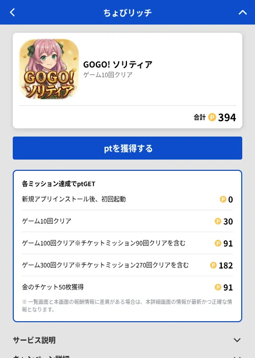 GOGO! ソリティアの掲載記録画像（ちょびリッチ（GF Rewards）・2026年8月21日）