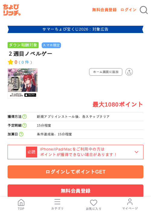 2週目ノベルゲーの掲載記録画像(ちょびリッチ・2026年8月21日)