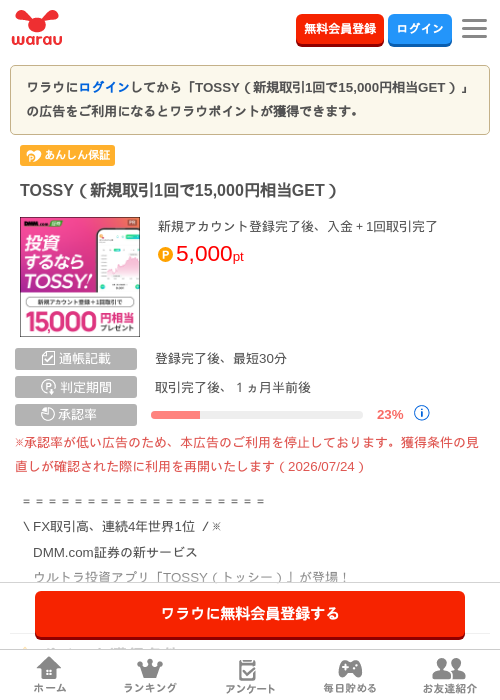 TOSSY(新規取引1回で15,000円相当GET)の掲載記録画像(ワラウ・2026年8月24日)