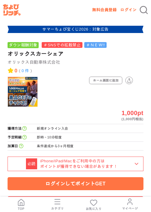 オリックスカーシェアの掲載記録画像(ちょびリッチ・2026年8月25日)