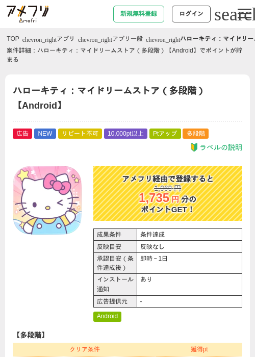 ハローキティ：マイドリームストア（多段階）【Android】の掲載記録画像（アメフリ・2026年8月28日）