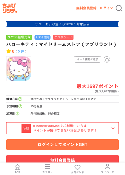 ハローキティ：マイドリームストア（アプリランド）の掲載記録画像（ちょびリッチ・2026年8月28日）