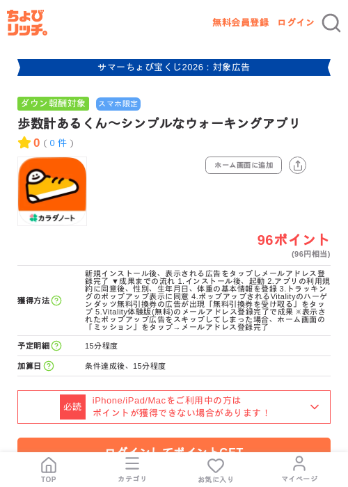 歩数計あるくん〜シンプルなウォーキングアプリの掲載記録画像（ちょびリッチ・2026年8月28日）