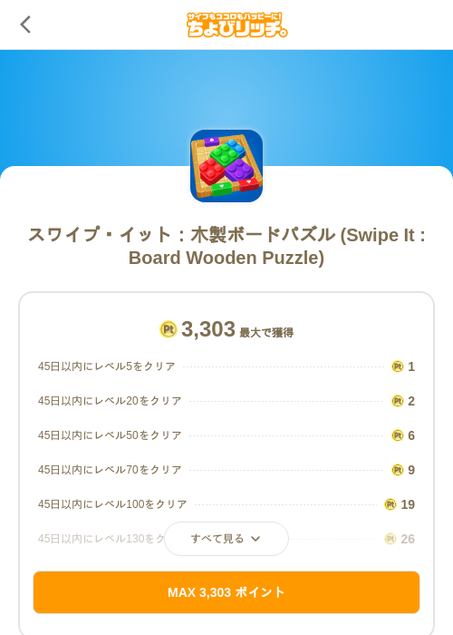 スワイプ・イット：木製ボードパズル (Swipe It : Board Wooden Puzzle)の掲載記録画像（ちょびリッチ（SKYFLAG）・2026年8月28日）