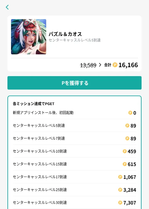 パズル＆カオスの掲載記録画像（モッピー（GF Rewards）・2026年8月31日）