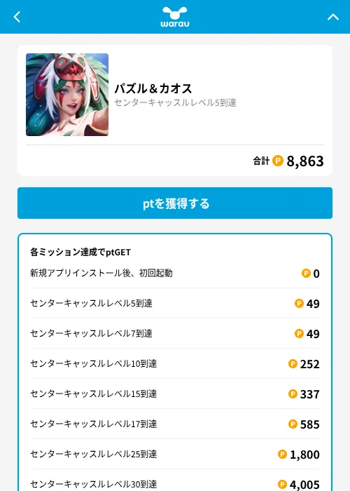 パズル＆カオスの掲載記録画像（ワラウ（GF Rewards）・2026年8月31日）