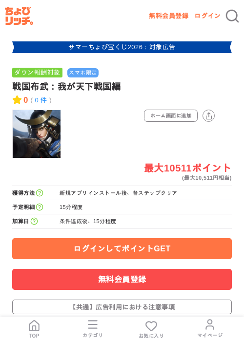 戦国布武:我が天下戦国編の掲載記録画像(ちょびリッチ・2026年8月31日)