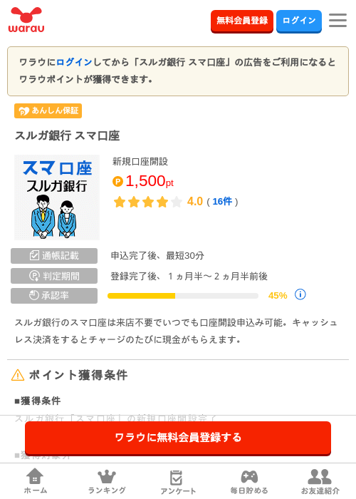 スルガ銀行 スマ口座の掲載記録画像(ワラウ・2026年9月1日)