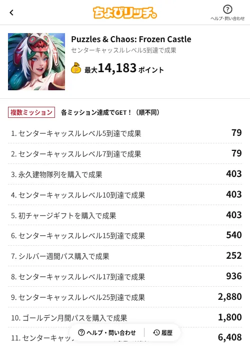 Puzzles & Chaos: Frozen Castleの掲載記録画像(ちょびリッチ(AppDriver)・2026年9月1日)