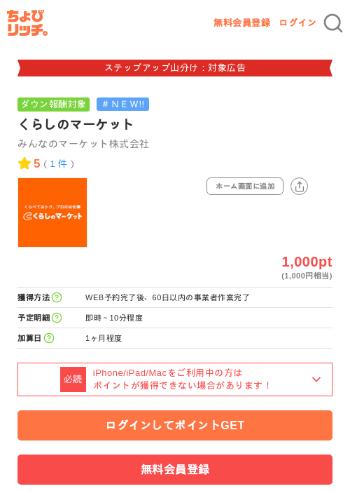 くらしのマーケットの掲載記録画像（ちょびリッチ・2026年9月3日）
