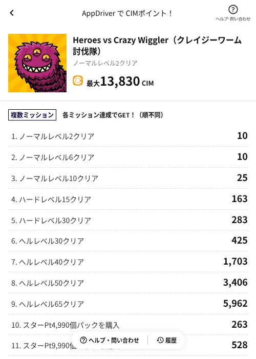 Heroes vs Crazy Wiggler(クレイジーワーム討伐隊)の掲載記録画像(COINCOME(AppDriver)・2026年9月3日)