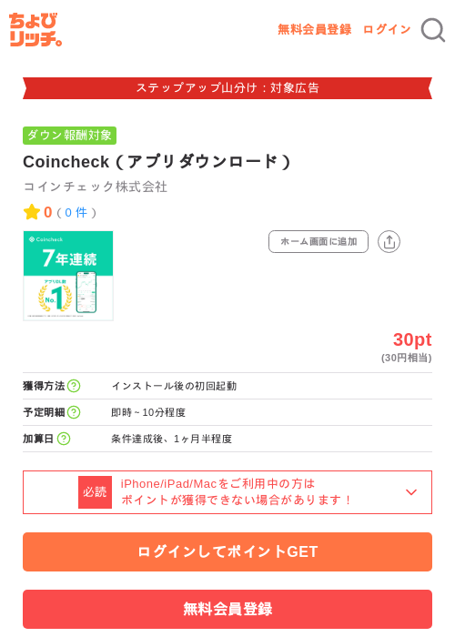 Coincheck（アプリダウンロード）の掲載記録画像（ちょびリッチ・2026年9月4日）