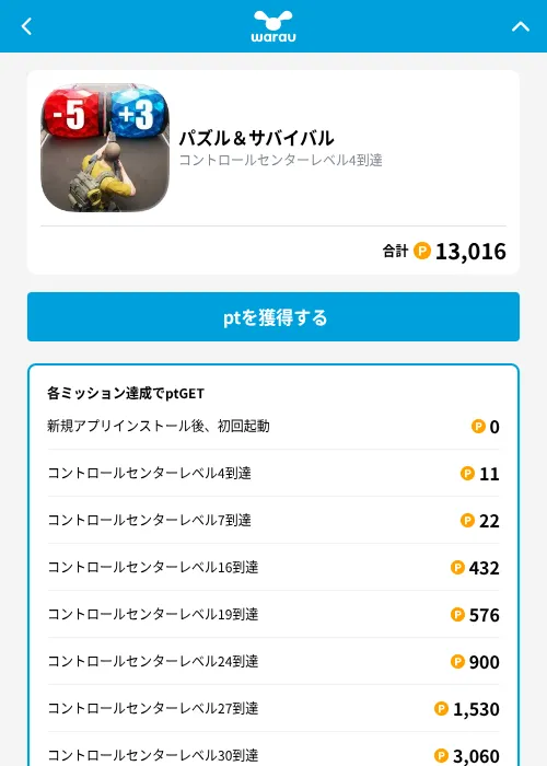 パズル&サバイバルの掲載記録画像(ワラウ(GF Rewards)・2026年9月4日)
