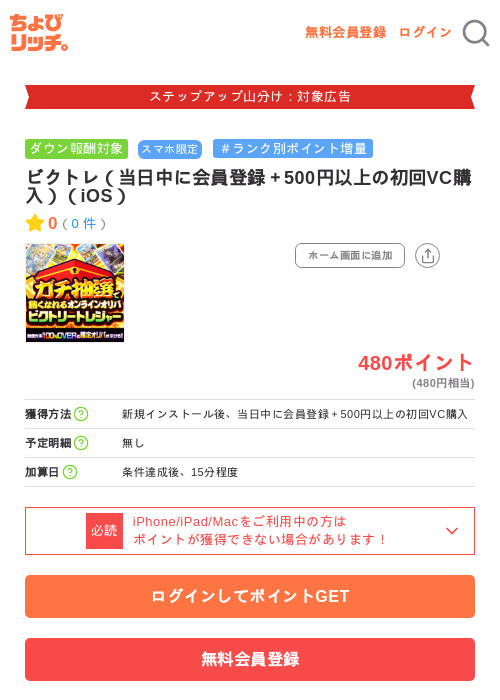 ビクトレ(当日中に会員登録+500円以上の初回VC購入)(iOS)の掲載記録画像(ちょびリッチ・2026年9月4日)
