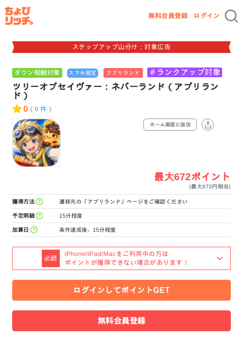 ツリーオブセイヴァー：ネバーランド（アプリランド）の掲載記録画像（ちょびリッチ・2026年9月10日）