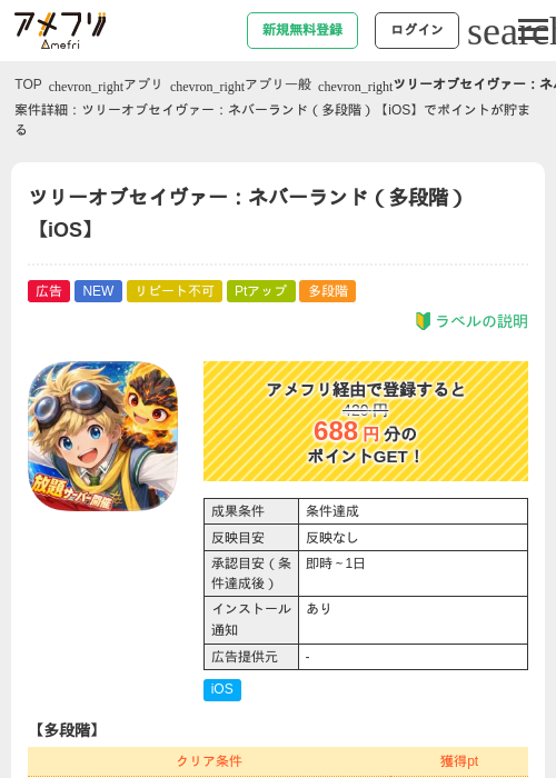 ツリーオブセイヴァー：ネバーランド（多段階）【iOS】の掲載記録画像（アメフリ・2026年9月11日）