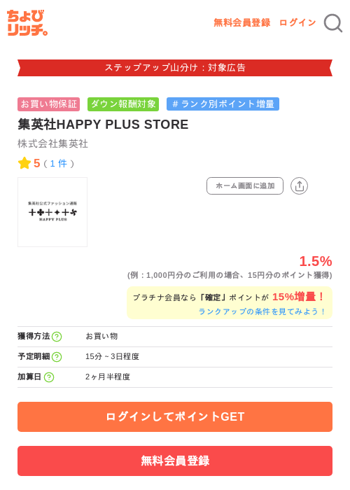 集英社HAPPY PLUS STOREの掲載記録画像（ちょびリッチ・2026年9月10日）