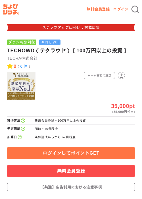 TECROWD（テクラウド）［100万円以上の投資］の掲載記録画像（ちょびリッチ・2026年9月11日）