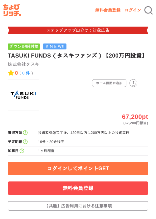TASUKI FUNDS（タスキファンズ）【200万円投資】の掲載記録画像（ちょびリッチ・2026年9月11日）