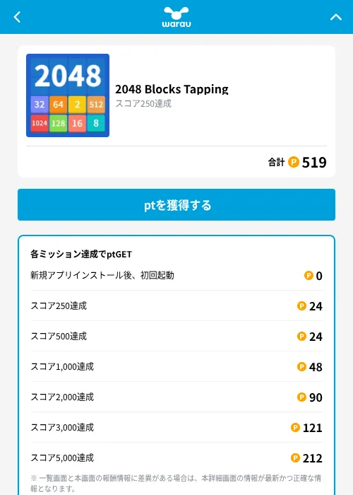 2048 Blocks Tappingの掲載記録画像（ワラウ（GF Rewards）・2026年9月11日）