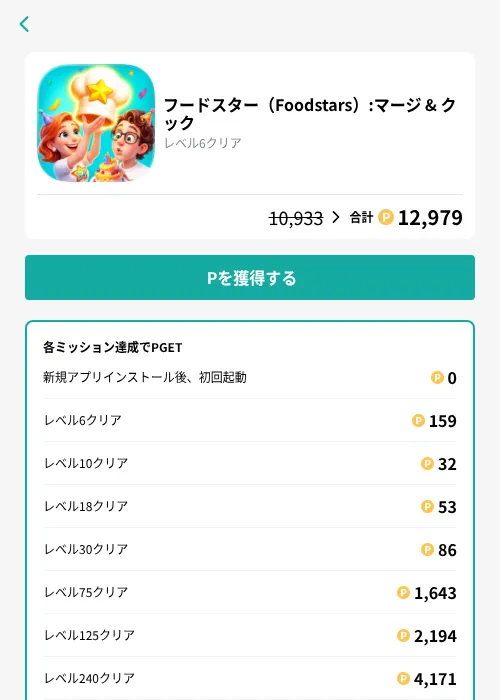 フードスター（Foodstars）:マージ & クックの掲載記録画像（モッピー（GF Rewards）・2026年9月15日）