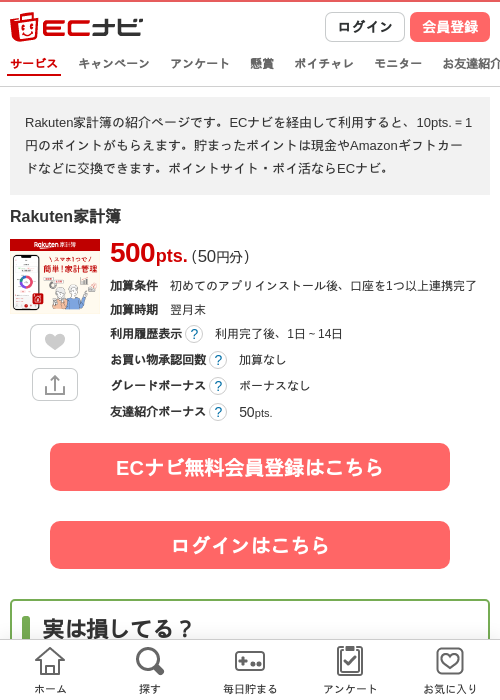 Rakuten家計簿の掲載記録画像（ECナビ・2026年9月15日）