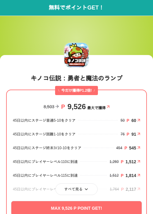 キノコ伝説：勇者と魔法のランプの掲載記録画像（モッピー（SKYFLAG）・2026年9月17日）
